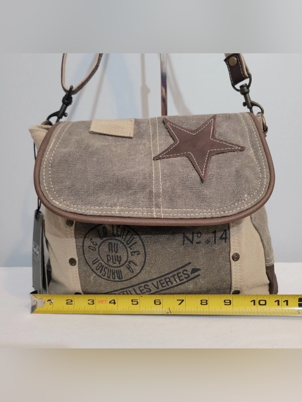 Myra Bag Canvas Leather Star Brown Trim Shoulder Bag Khaki Taupe - Picture 14 of 16